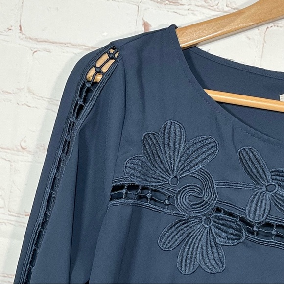 Loft Tunic Blouse Womens Size Small Blue Embroidered Floral Sheer Pullover - Picture 3 of 10